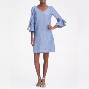 J.Crew Blue Chambray V-neck Tie Sleeve Shift Shirt Dress Ruffle Bow Denim Size 4